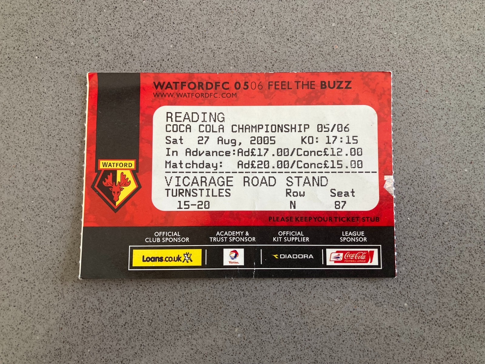Watford v Reading 2005-06 Match Ticket