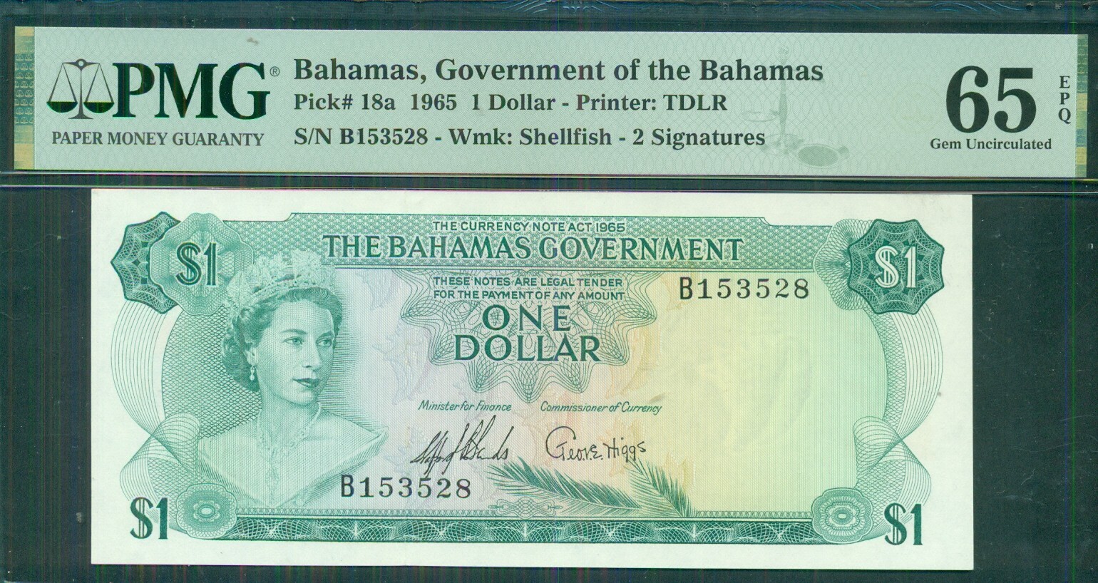BAHAMAS, 1965. $1.00 2 signatures, Pick #18a, PMG Grade 65EPQ Gem UNC