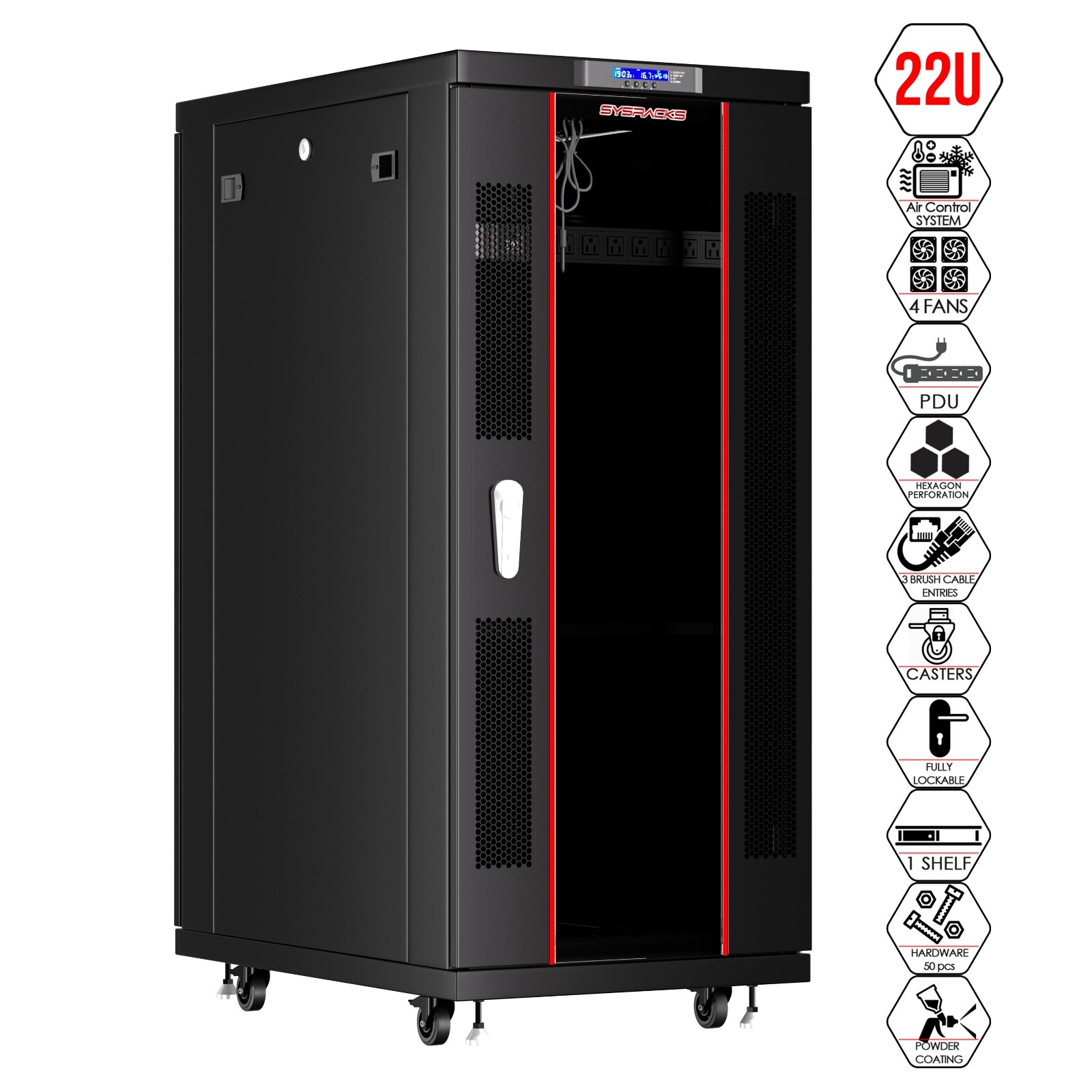 Sysracks 22U Server Rack Cabinet 32" Deep 19" Network Enclosure, Fans, PDU