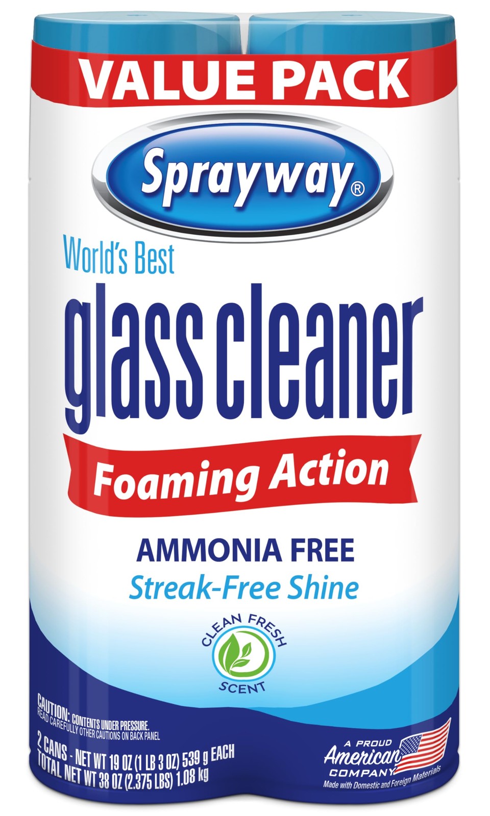 Sprayway Glass Cleaner Foaming Aerosol Spray, 19oz, Pack of 2 | Ammonia-Free,