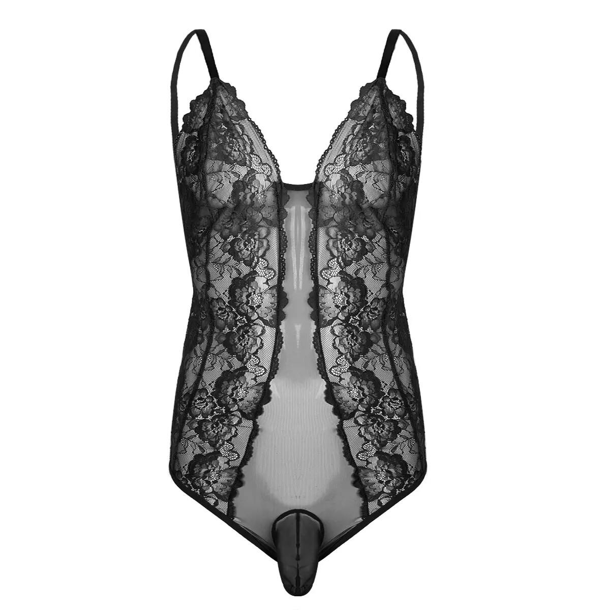 Mens Sheer Crossdress Lingerie Gay Costume Adjustable Straps Lace Pouch Bodysuit
