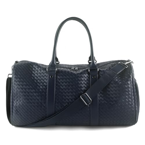 Weekender Bags for Women Woven Leather Travel Duffel Bag with Shoe Dark Blue