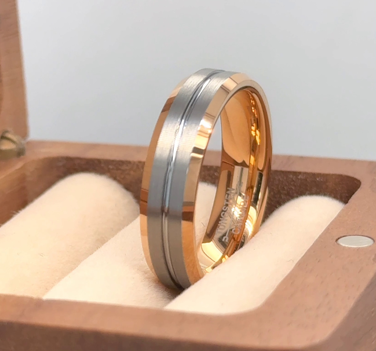 Rose Gold Tungsten Wedding Band Brushed Center Mens Wedding Band 6mm Womens Ring