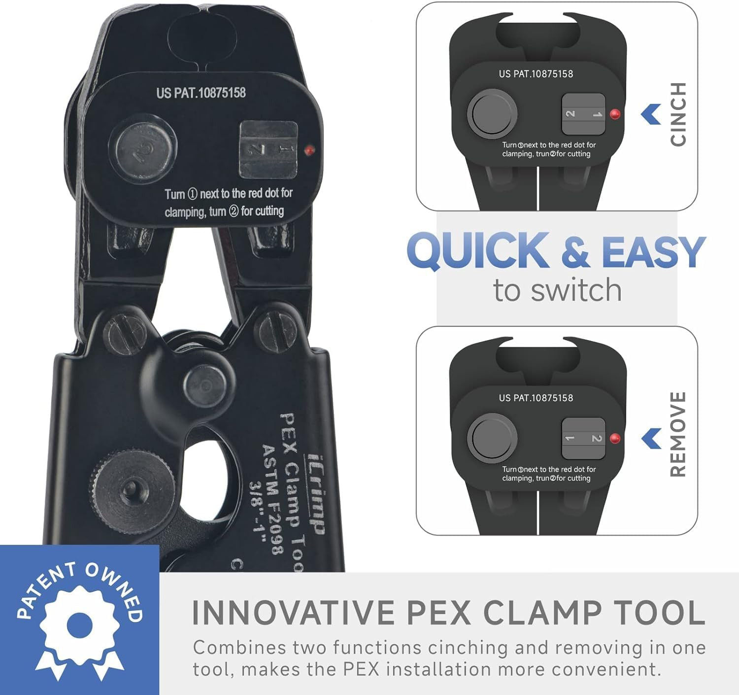 Ratchet PEX Cinch Tool with Clamp Removal Function and Pipe Cutter