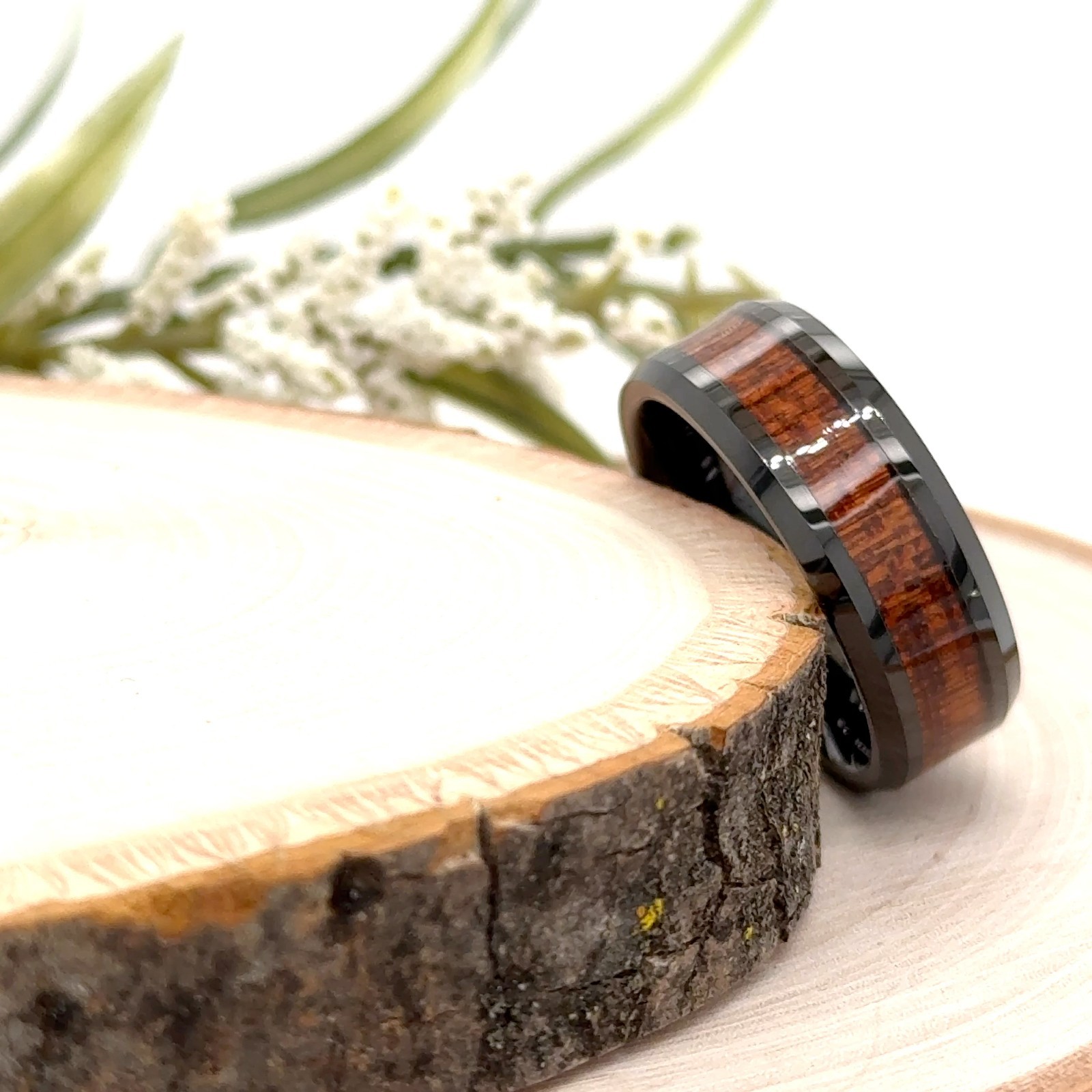 Natural Wood Inlay Unisex Band For Christmas 8mm Black Tungsten Anniversary Ring