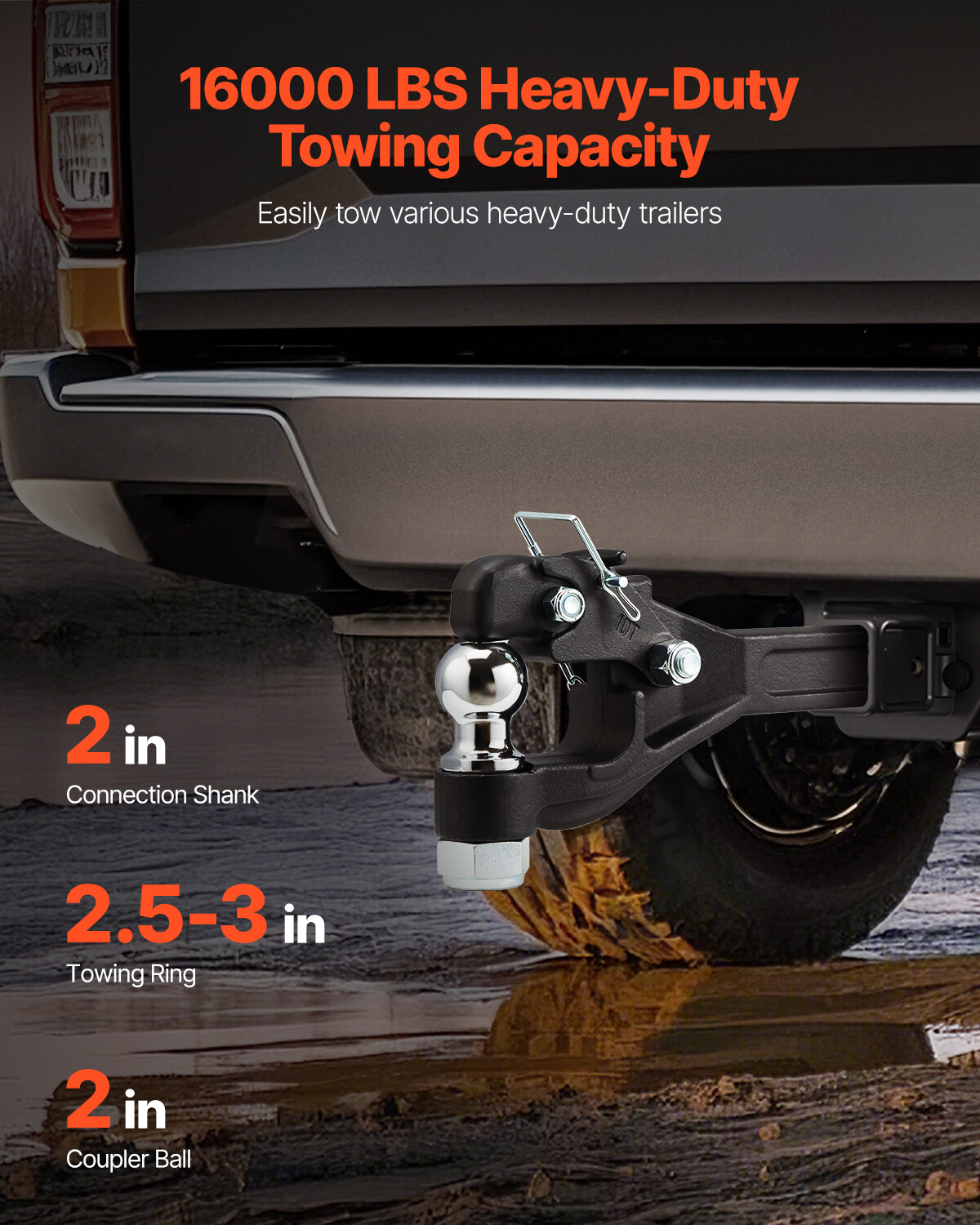Pintle Hitch 2 inches Receiver Hook for 2.5 to 3 inches Lunette Ring 16000 lbs