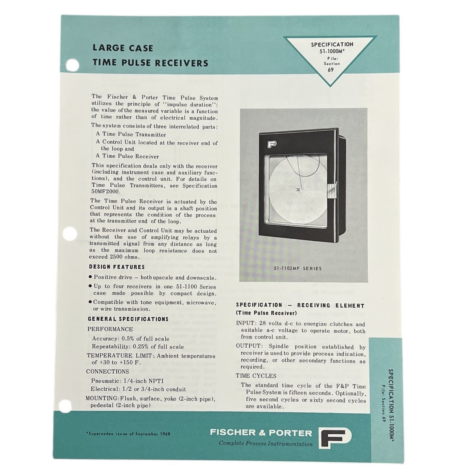 VTG 1970 Fischer Porter Time Pulse Receiver Manual Spec Sheet 6pg Industrial