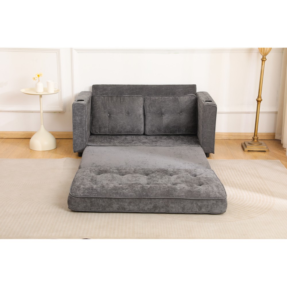 55" 3-Fold Dark Gray Convertible Futon Sleeper Sofa – Velvet Linen Fabric