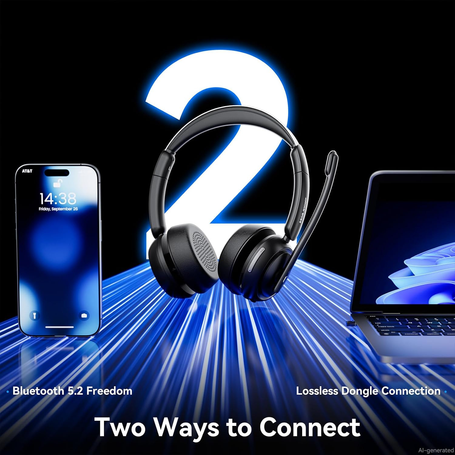 Wireless Headset with Mic for Work, Bluetooth Headset with Microphone Noise Canc