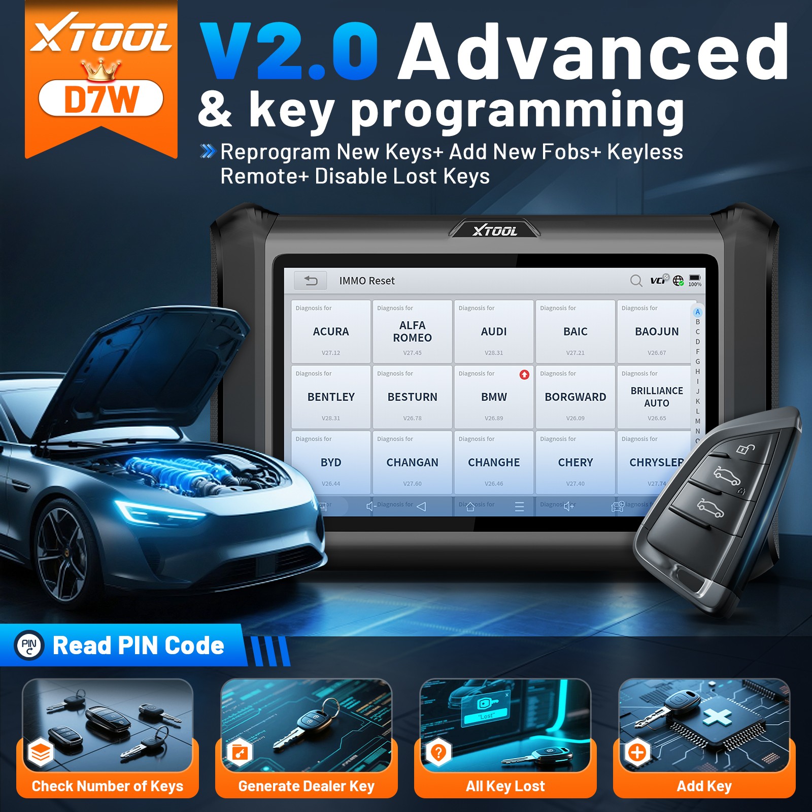 2025 XTOOL D7W V2.0 Wireless Bidirectional Scanner Key Programmer 39+ Services