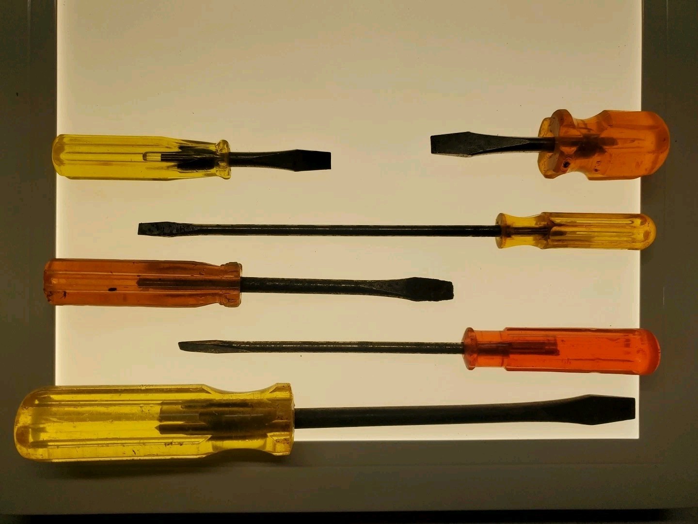 6 Vintage Red, Orange and Yellow Translucent Handle Screwdrivers