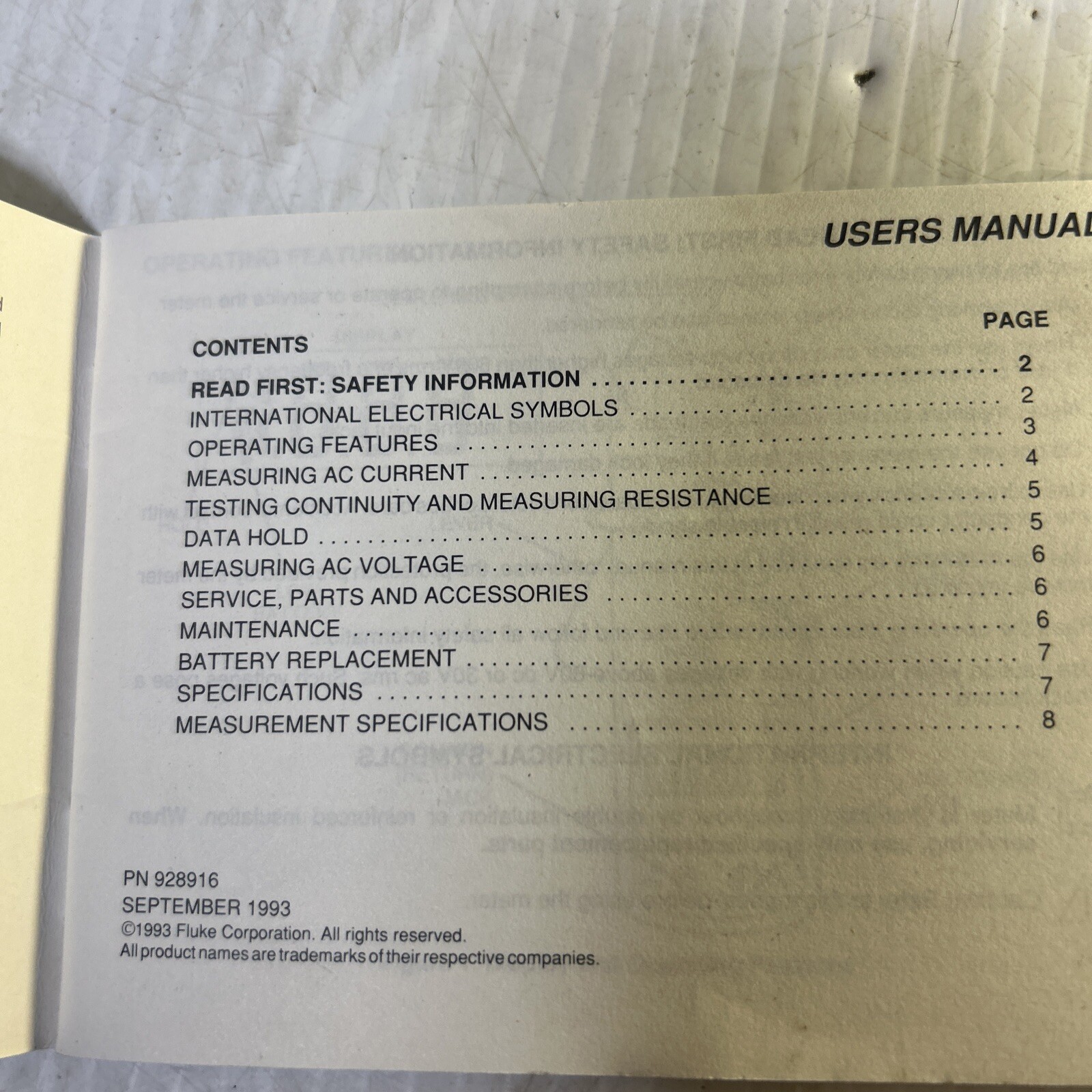 Fluke 30 Clamp Meter. Owners Users Manual Instructions Guide Book.