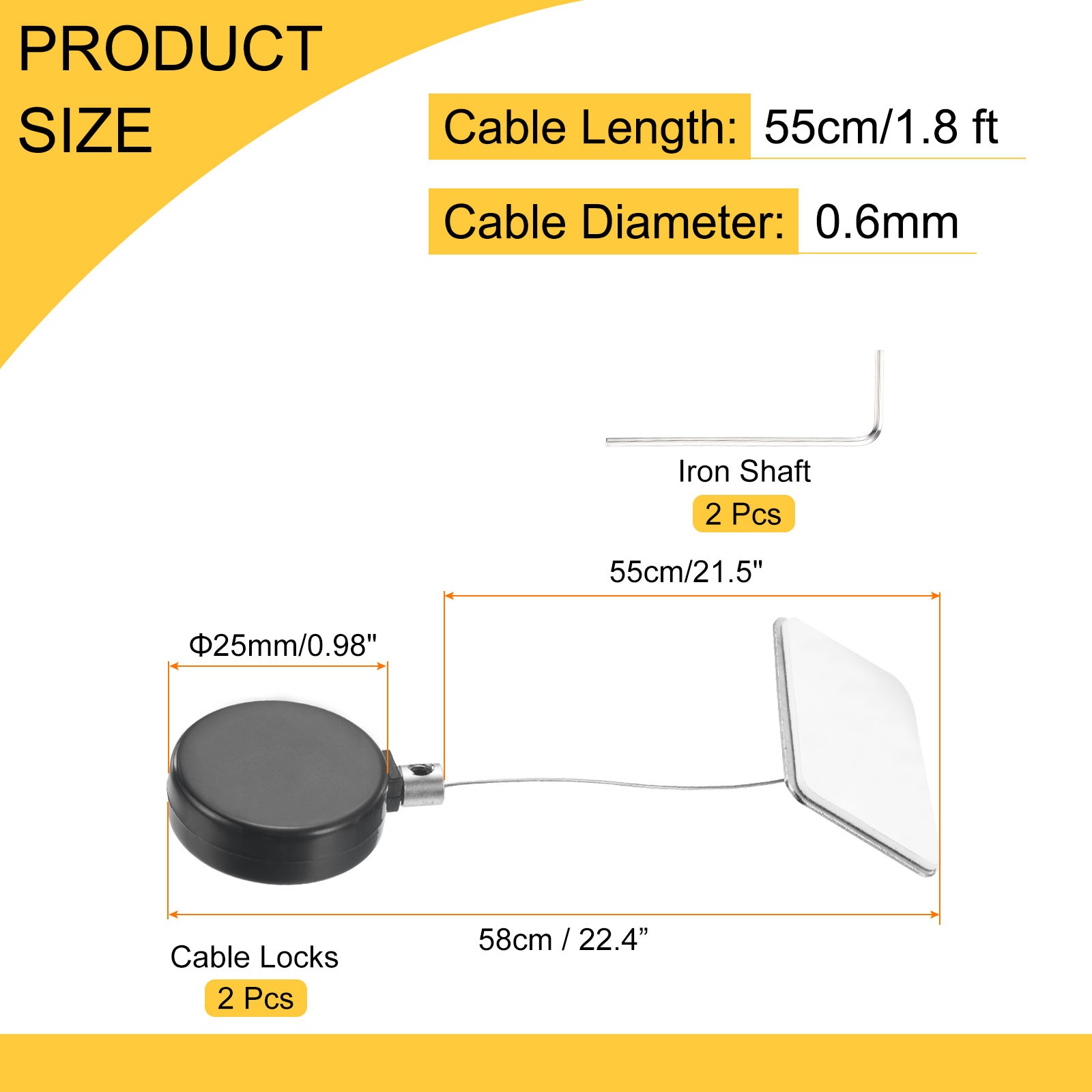 1.8ft Retractable Cable Security Lock with Square Patch Wrench, Black, 2 Pack