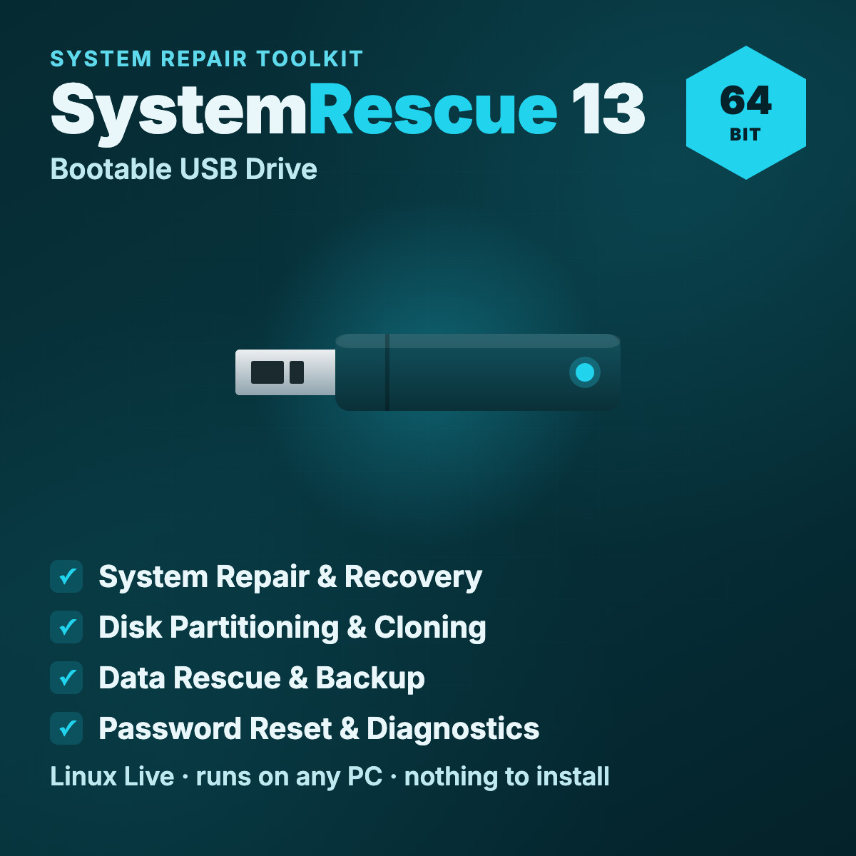 SystemRescue 13 Linux Bootable USB - PC Repair Recovery Live Toolkit 64-bit