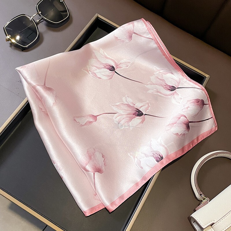 100% Mulberry 20'' Silk Scarf Women Vintage Pink Lotus Neckerchief Small Turban