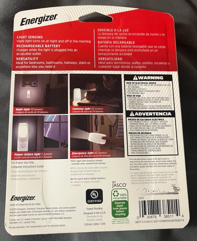 4-in-1 LED Power Failure Night Light, 1 Pack, Plug-in, Light Sensing