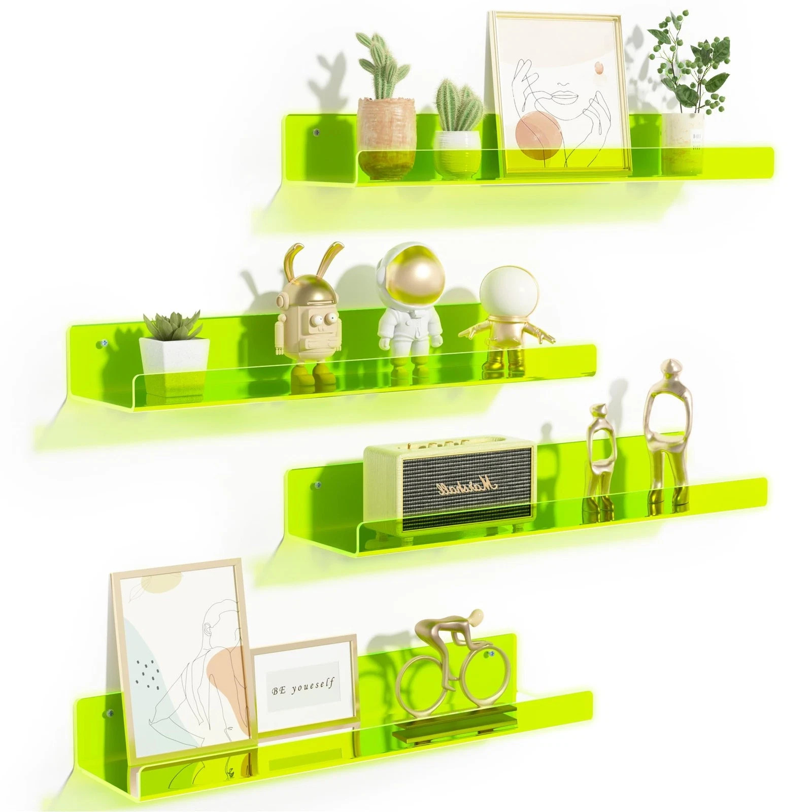 Acrylic Wall Display Shelves 15in Organizer, Clear Fluorescent Green, 4-Pack