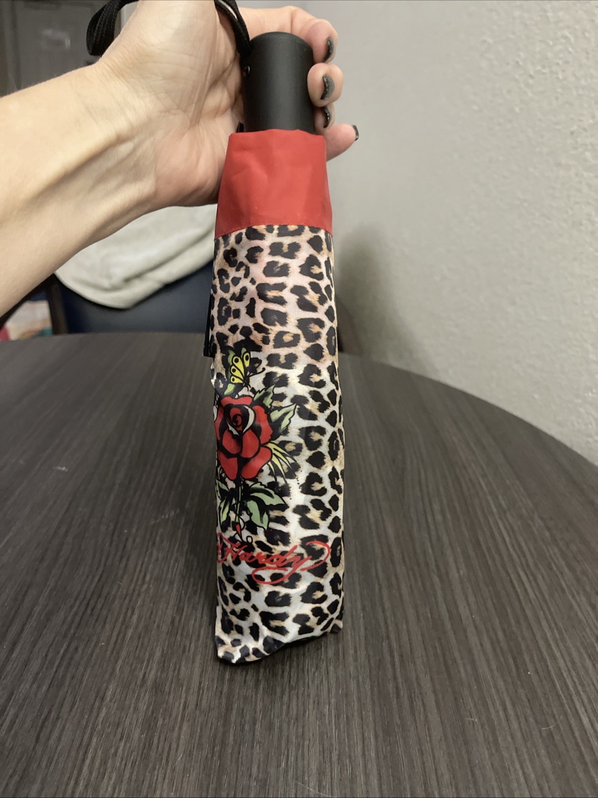 Ed Hardy Rose Butterfly Tattoo Cheetah Print Womens Umbrella Auto Up/Down🆕🌹🦋