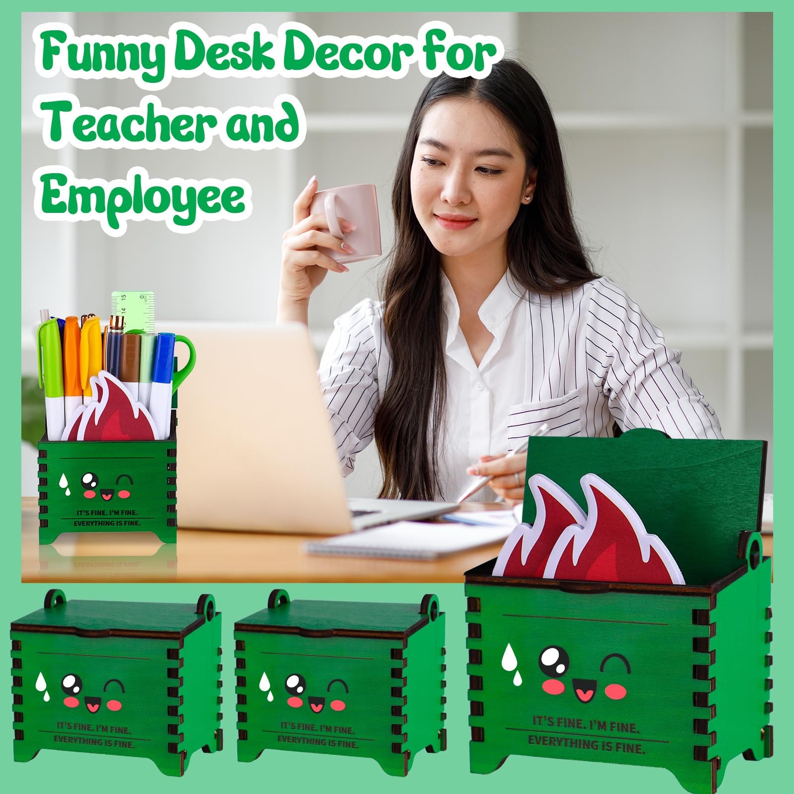 Dumpster Pencil Holders for Desk with Flame Note Cards Tiny Recycle Bin Penci...