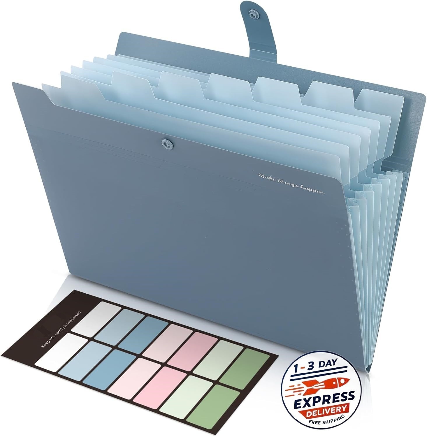 Organizador de archivos expandible con 8 bolsillos y etiquetas, color azul