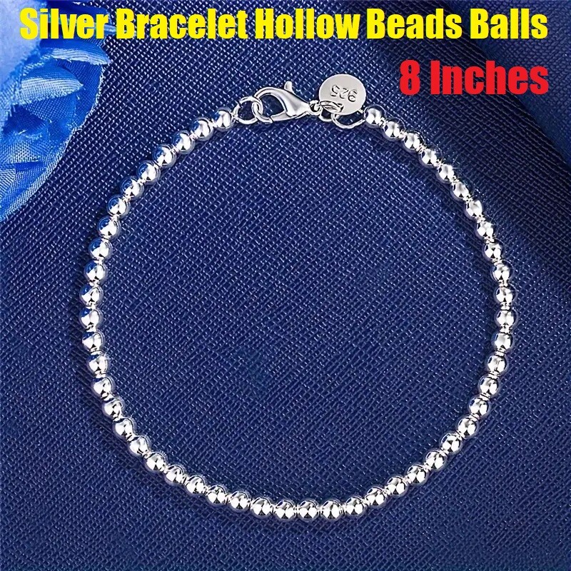 Women 925 Sterling Silver Bracelet Hollow Beads Balls 8 Inches 6MM Jewelry Gifts