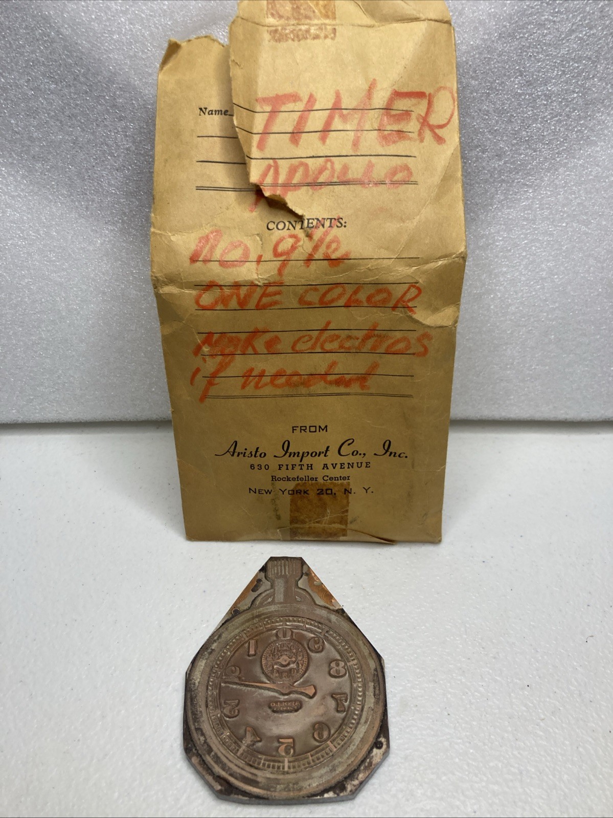 Vintage Apollo Stopwatch Printing Block. Never Mounted With Factory Paperwork.