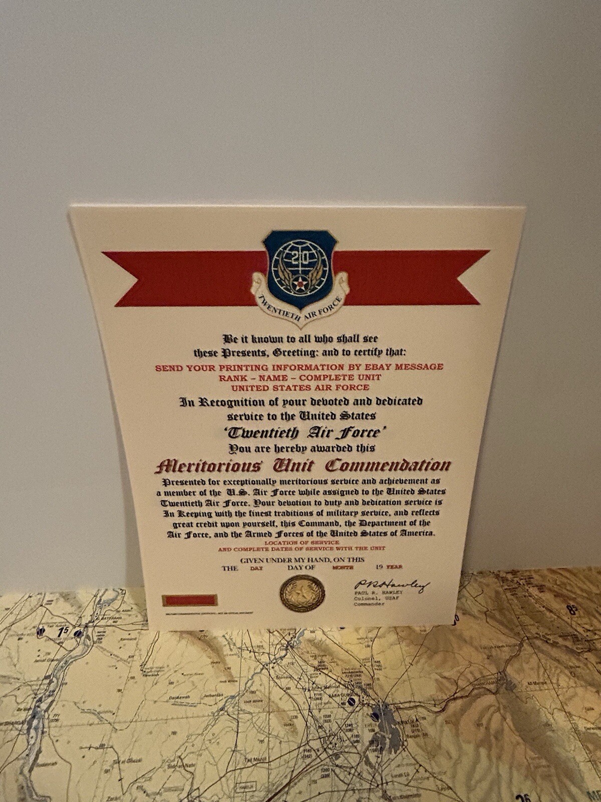 U.S. AIR FORCE / 20TH AIR FORCE - MERITORIOUS UNIT COMMENDATION CERTIFICATE