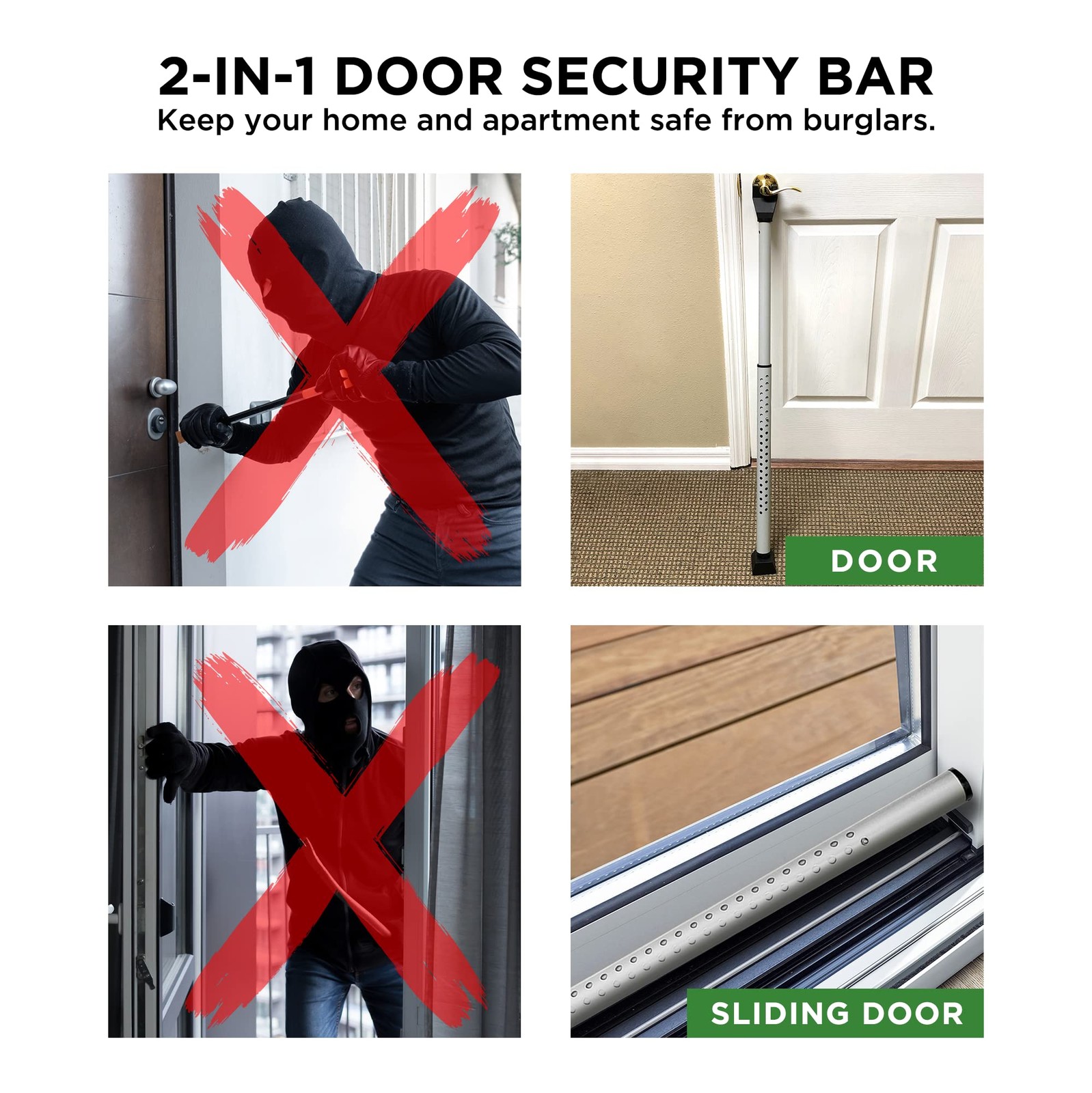 Sliding Door Security Bar, Jammer 2-in-1 Adjustable, 2 Pack, White