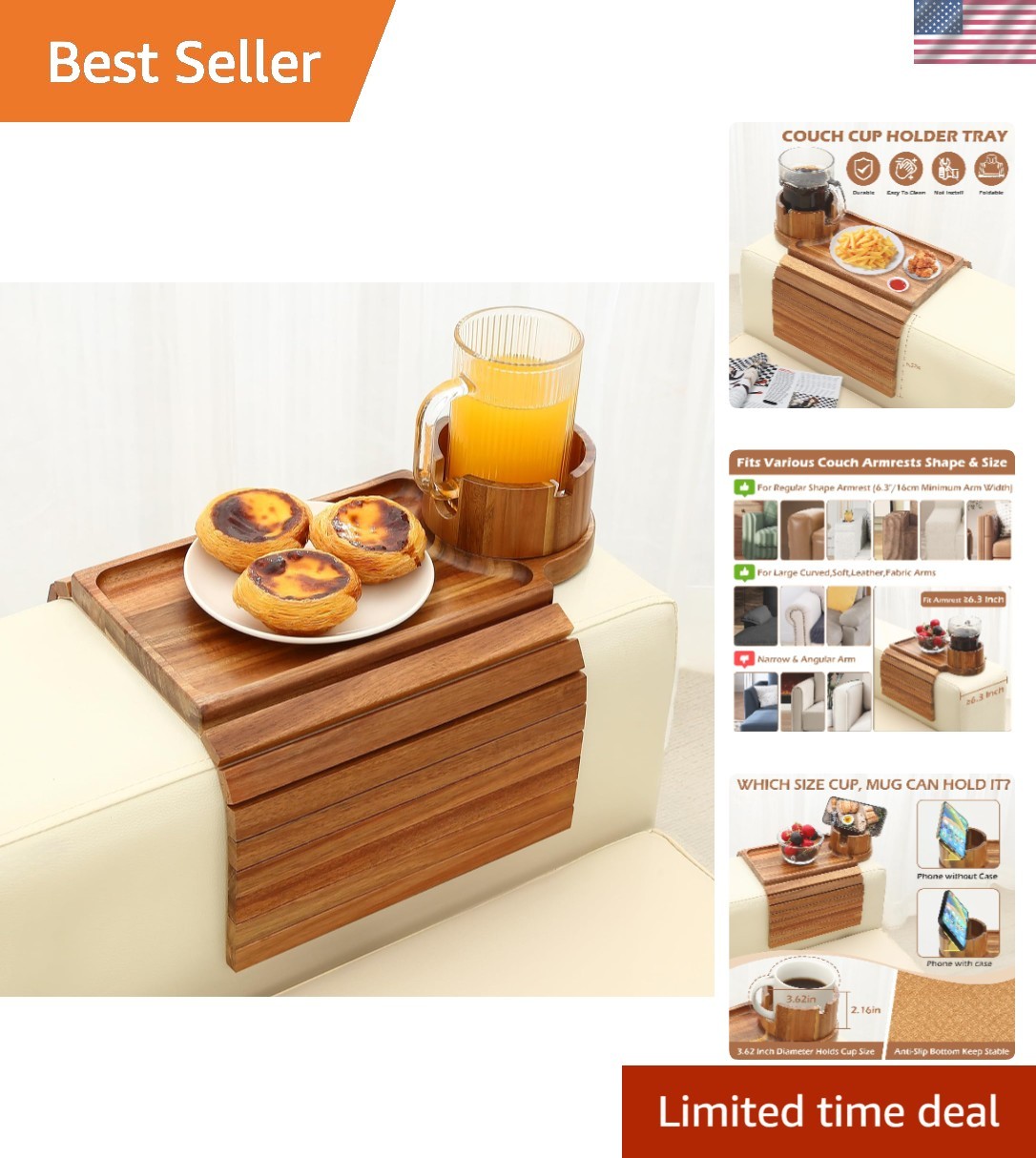 Couch Cup Holder Tray, Acacia Wood Couch Armrest Table with 360° Ratated Phon...