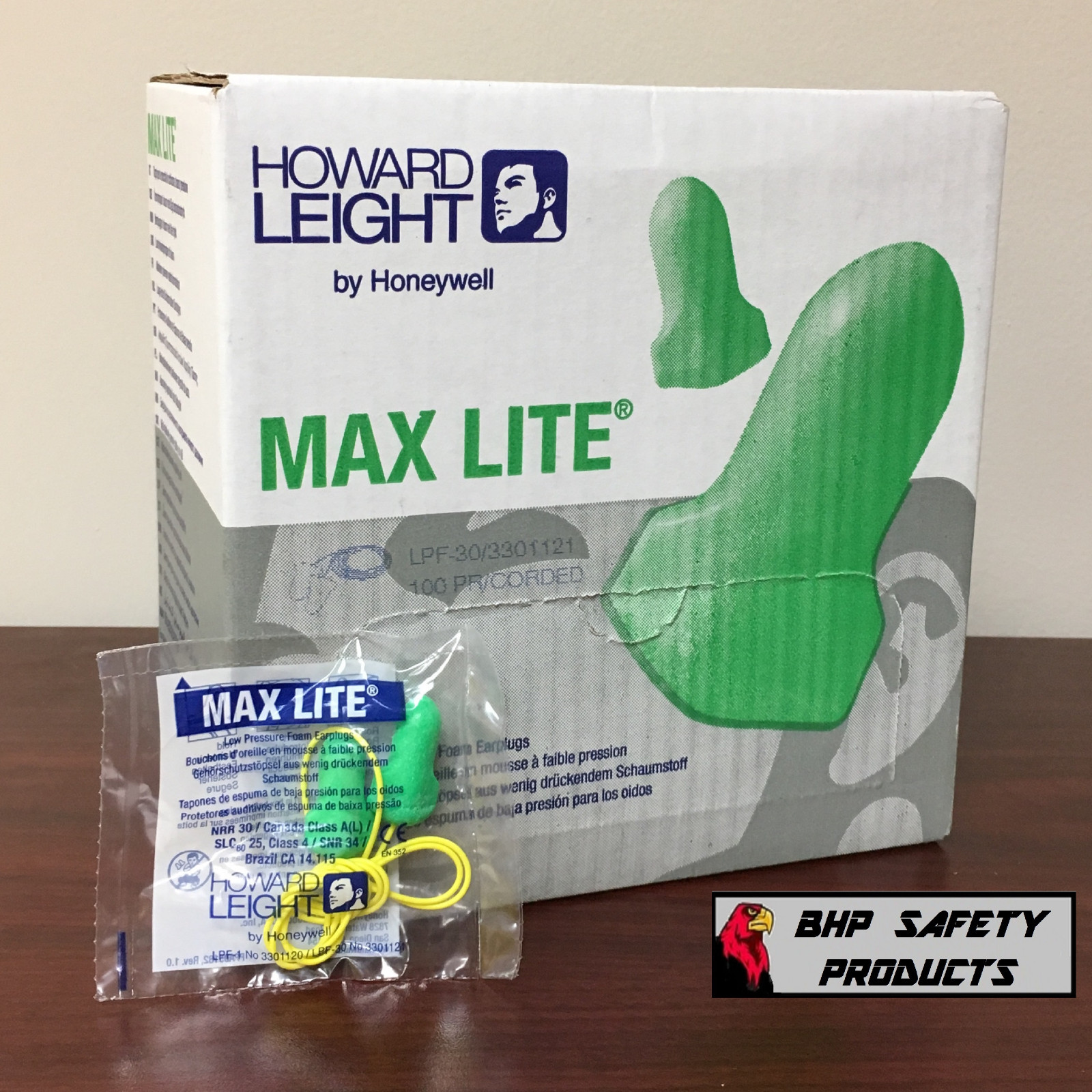 HOWARD LEIGHT MAX LITE CORDED FOAM EAR PLUGS LPF-30 GREEN (100 PAIR/BOX)