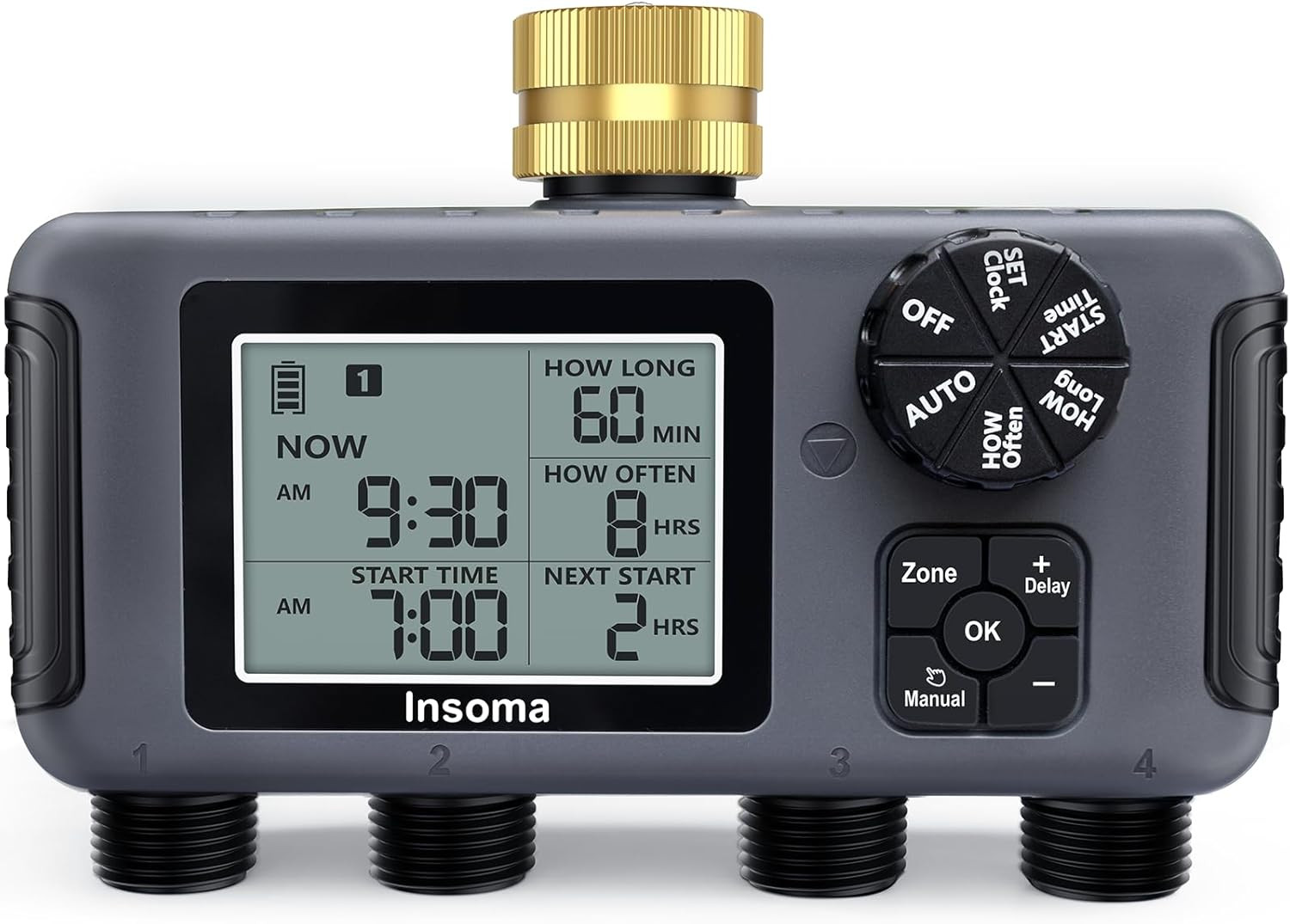 Water Timer with Brass Inlet, 4 Independent Zones Outdoor Hose Timer for Garden