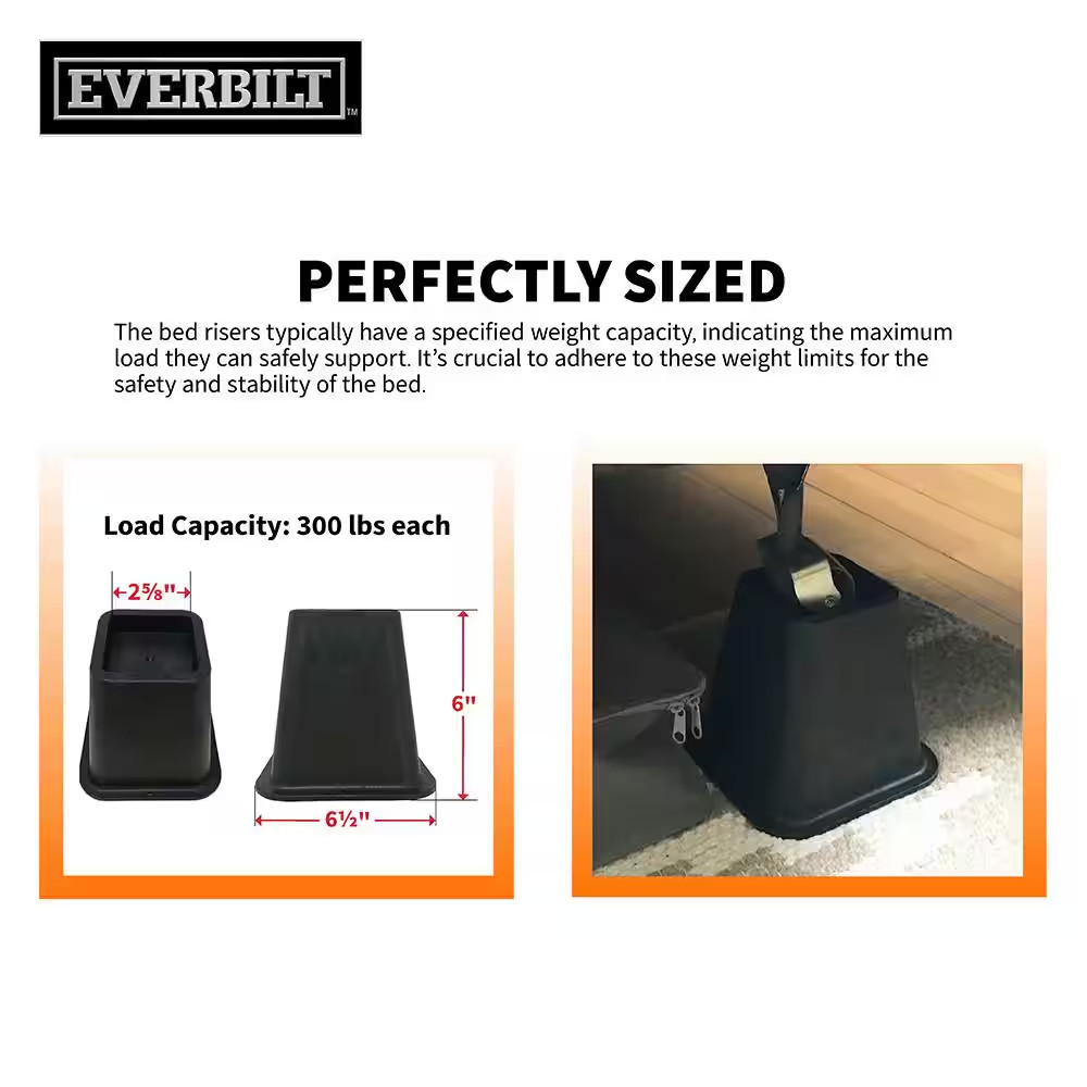 6 Inch Bed Risers 4-Pack Durable Heavy Duty Construction Ensures Black Accessory