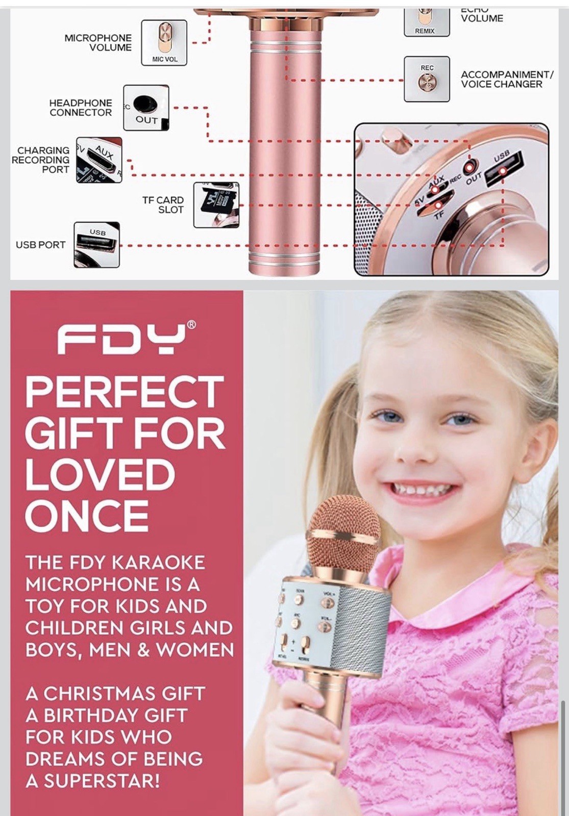 Bluetooth Karaoke Microphone for Kids Adults, Wireless Bluetooth