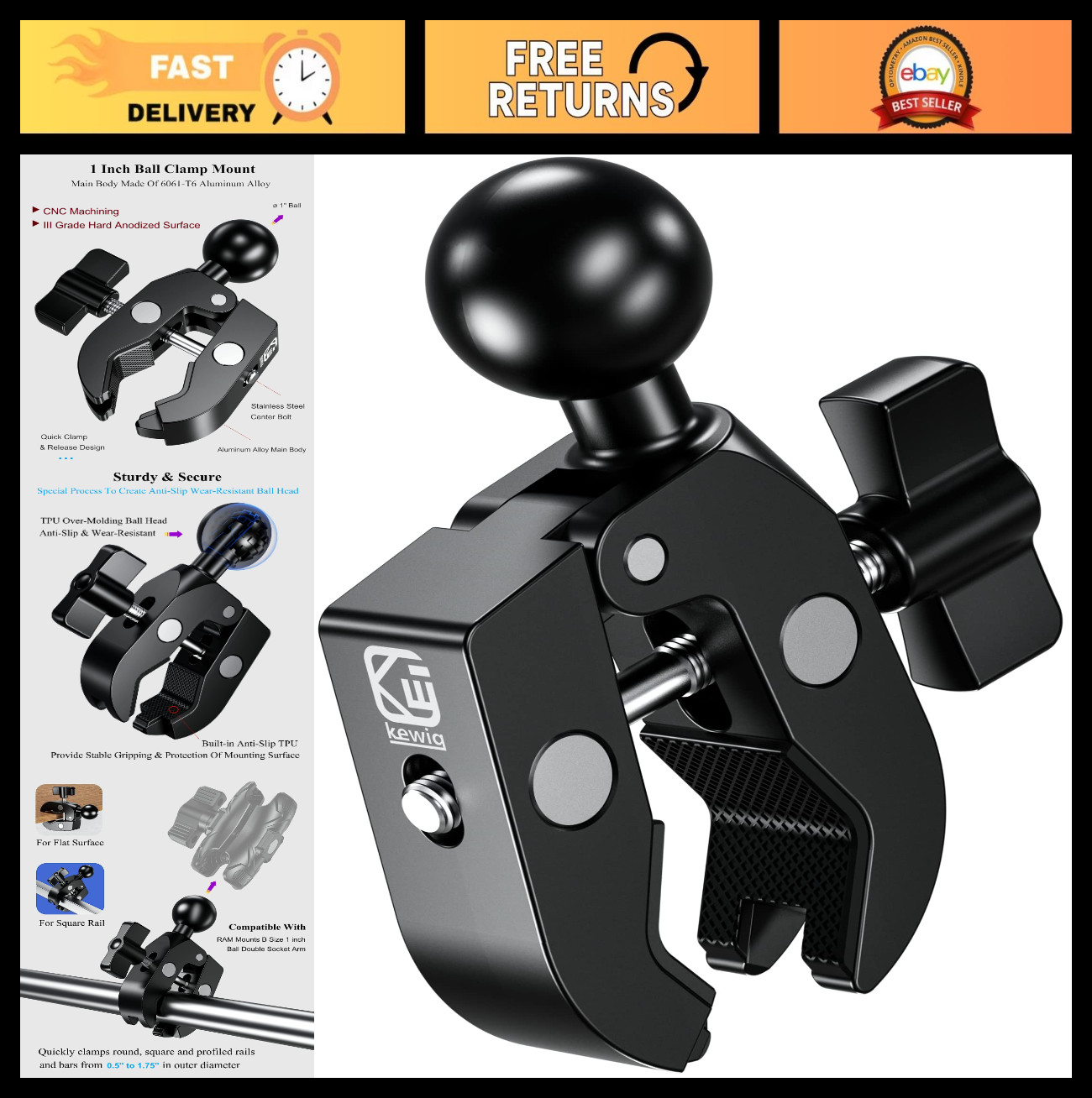 1" Ball Clamp Mount Base, Aluminum Tough-Claw, Fits 0.5"-1.75" Handlebar, Compat