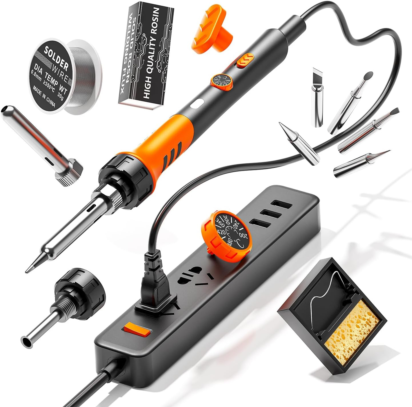 60W Adjustable Temperature Soldering Iron Kit - 9-In-1 with 5 Tips, Solder Wire