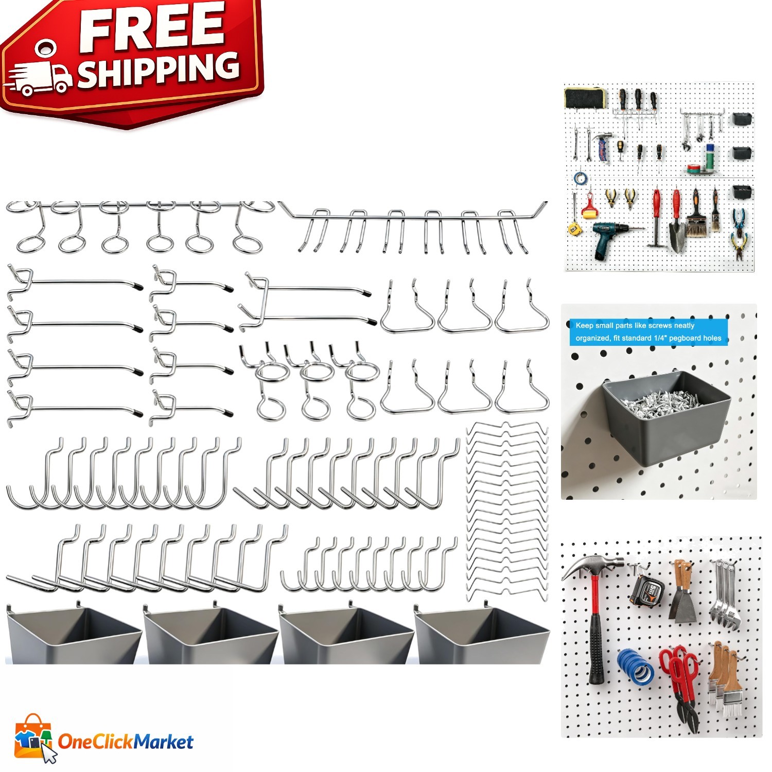 80-Piece Pegboard Hooks Assortment with Bins & Locks - Silver Tool Organizer