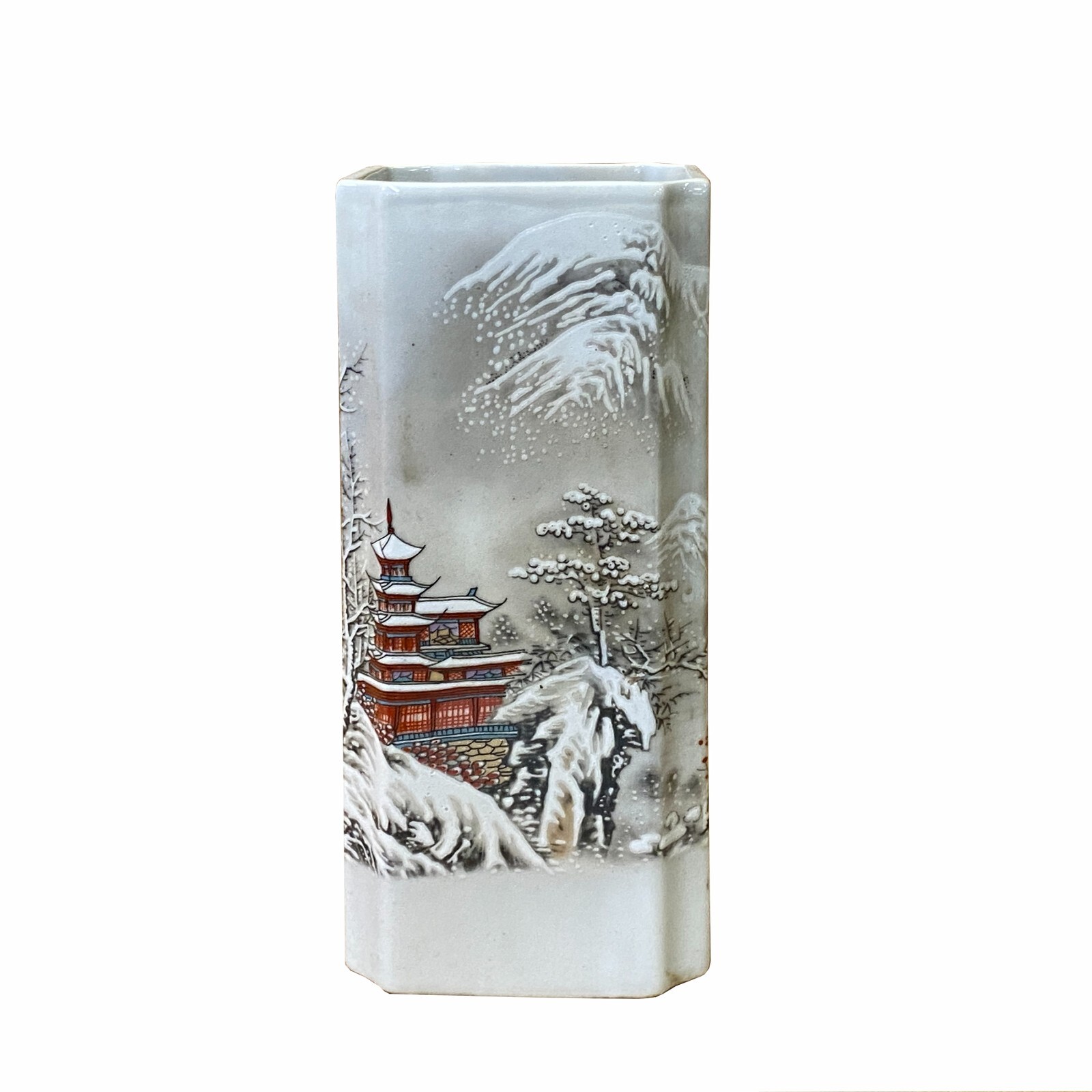 Chinese Off White Porcelain Snow Scenery Square Shape Vase ws2353