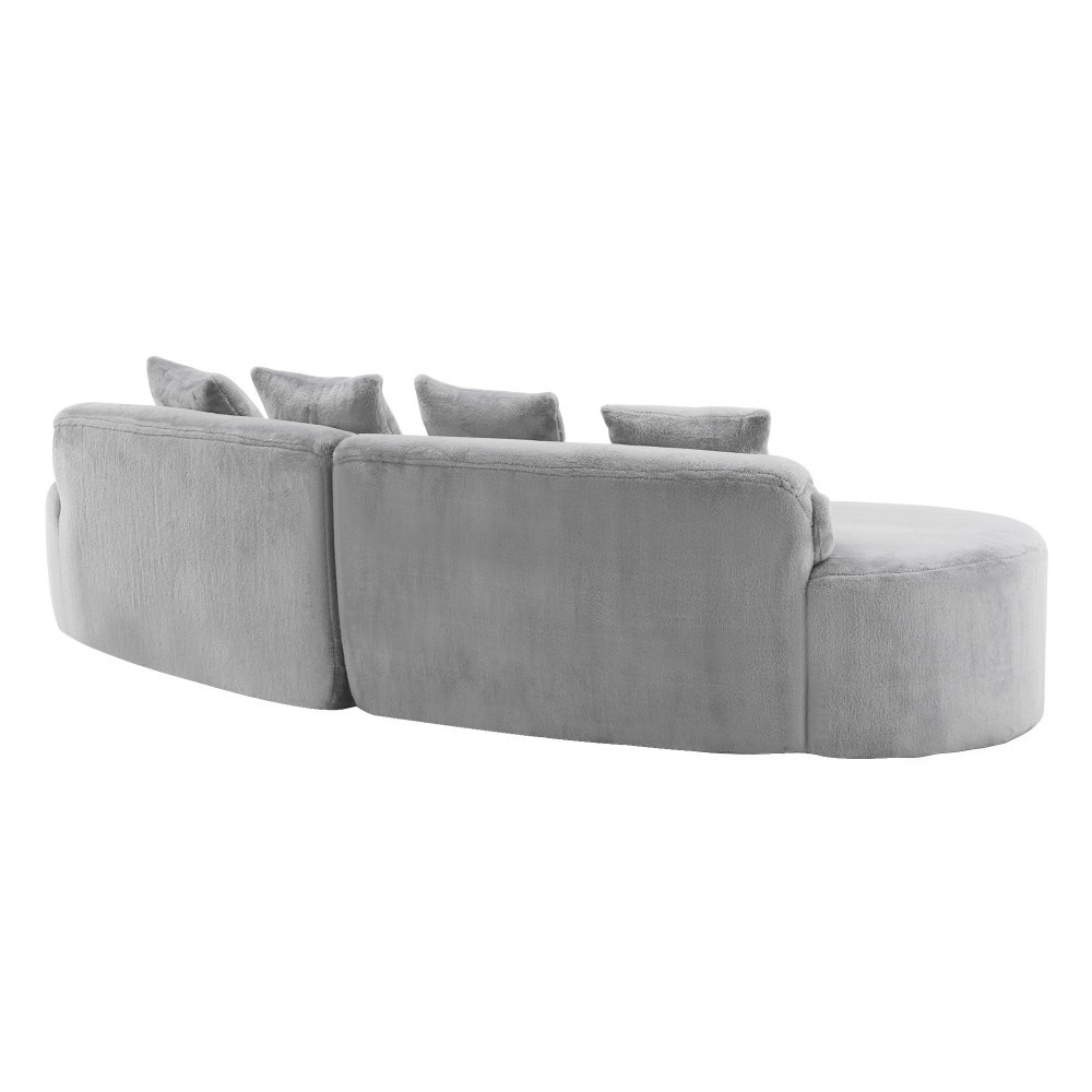 Curved Flannelette Sofa w/ Pillows, Light Gray, 4-Seat Modern Sectional
