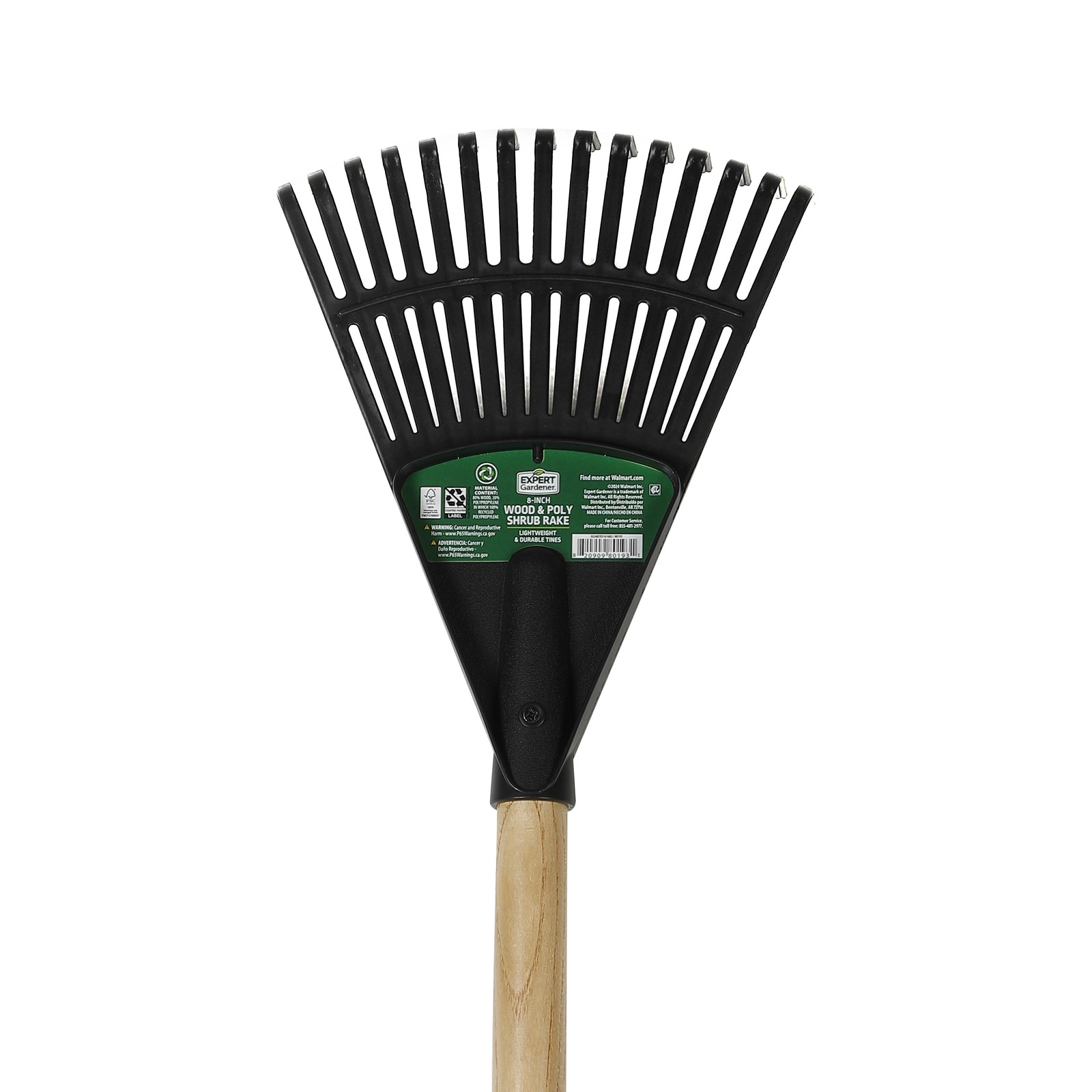 8-inch Wood & Poly Shrub Leaf Rake Ergonomic Handle Versatile Yard Tool
