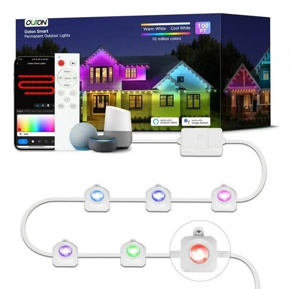 OUTON Waterproof Permanent Outdoor Lights, 100ft Smart RGBIC String Lights IP65