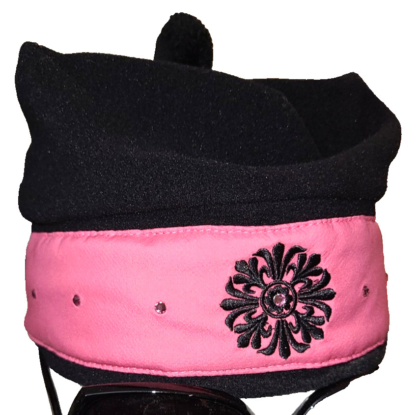 Nils Sportswear black fleece ski hat pink band embroidered snowflake rhinestones