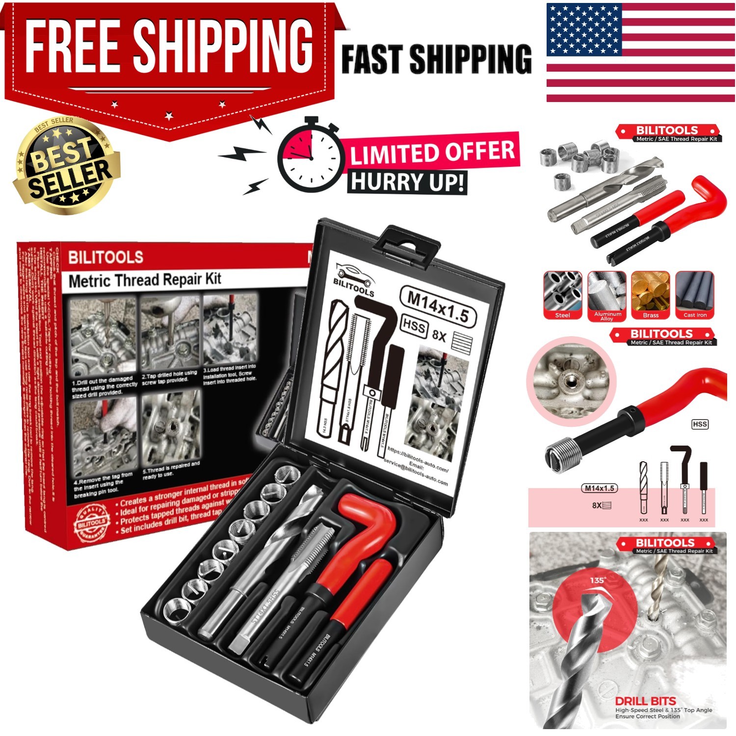 M14x1.5 Helicoil Thread Repair Kit Metric, HSS Drill Heli Coil Repair Kit