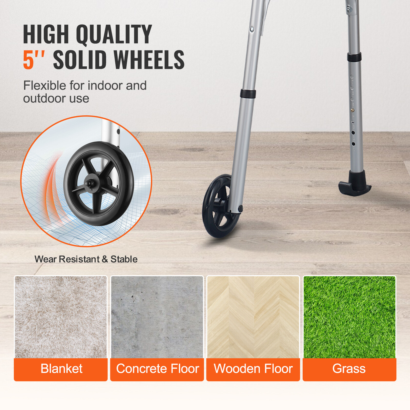 VEVOR 2 in 1 Folding Walker with Armrest Pads & 5" Solid Wheel Height Adjustable