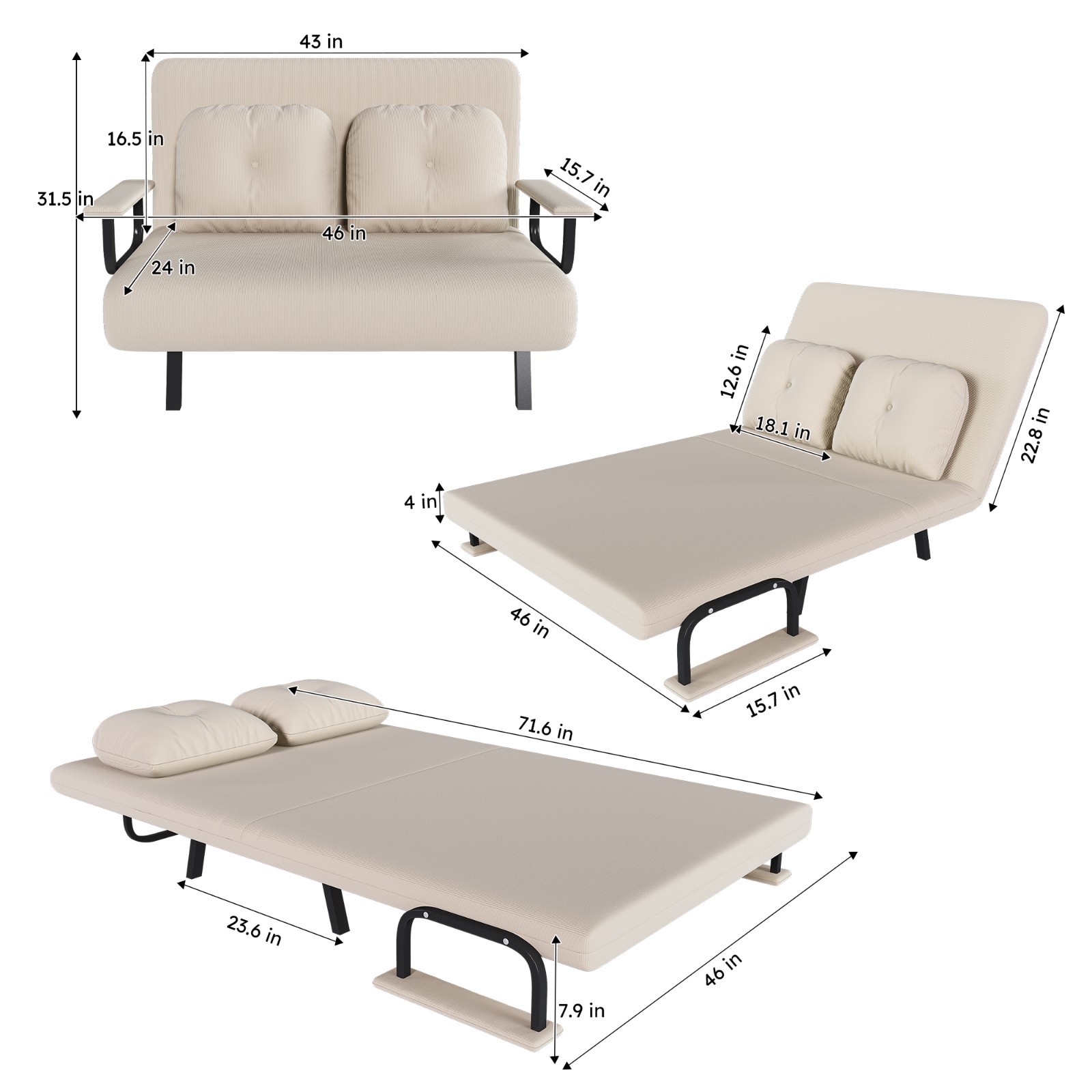 46" Wide Folding Sofa Bed 5-in-1 Convertible Chair for Two Adjustable Backrest