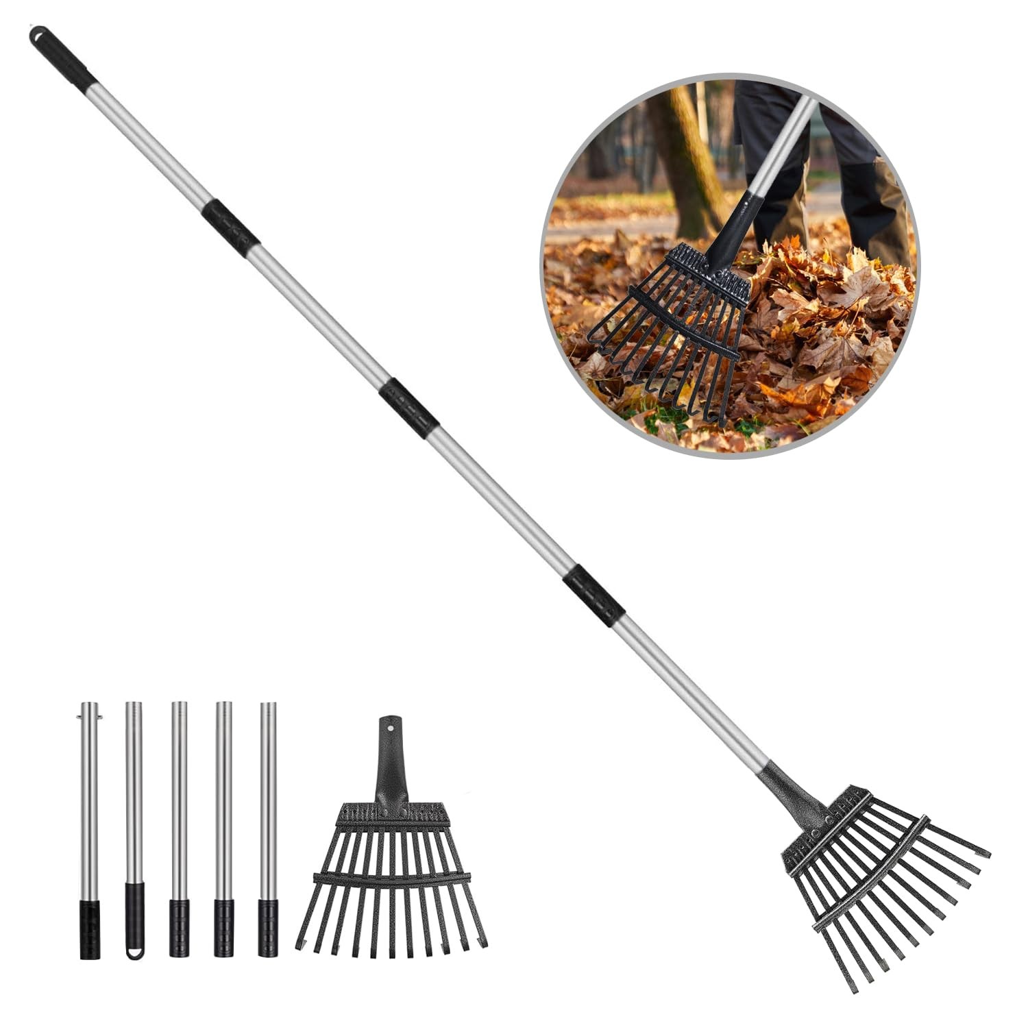 Small Leaf Rake 11 Metal Tines 9 Inch Wide 3368 Inch Adjustable Handle