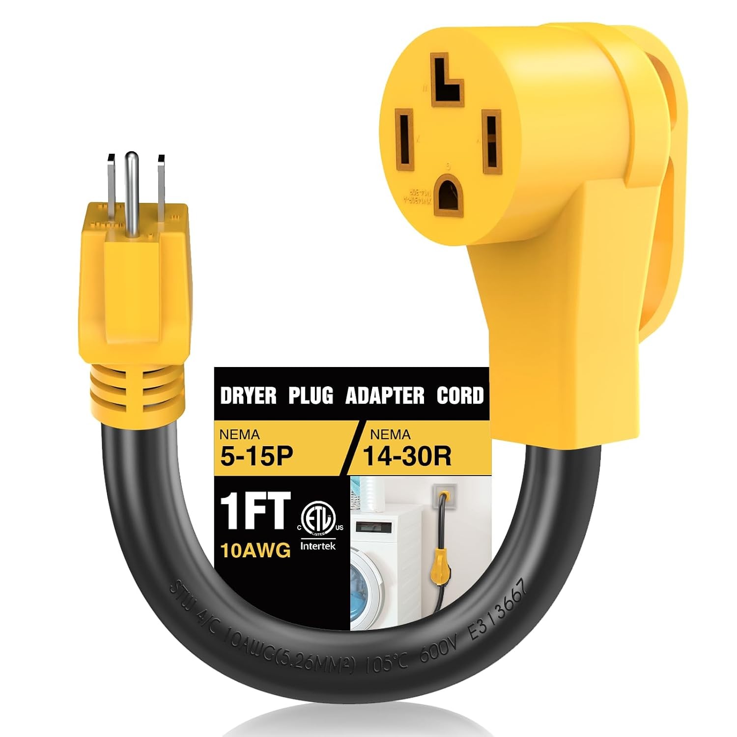 NEMA 5-15P to 14-30R Dryer Adapter Cord 10AWG ETL