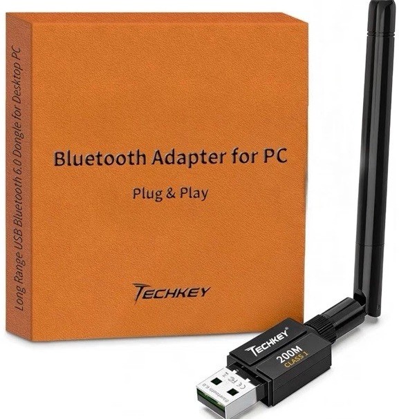 Techkey Bluetooth v6.0 USB Dongle Adapter Plug & Play Long Range PC Black 200M