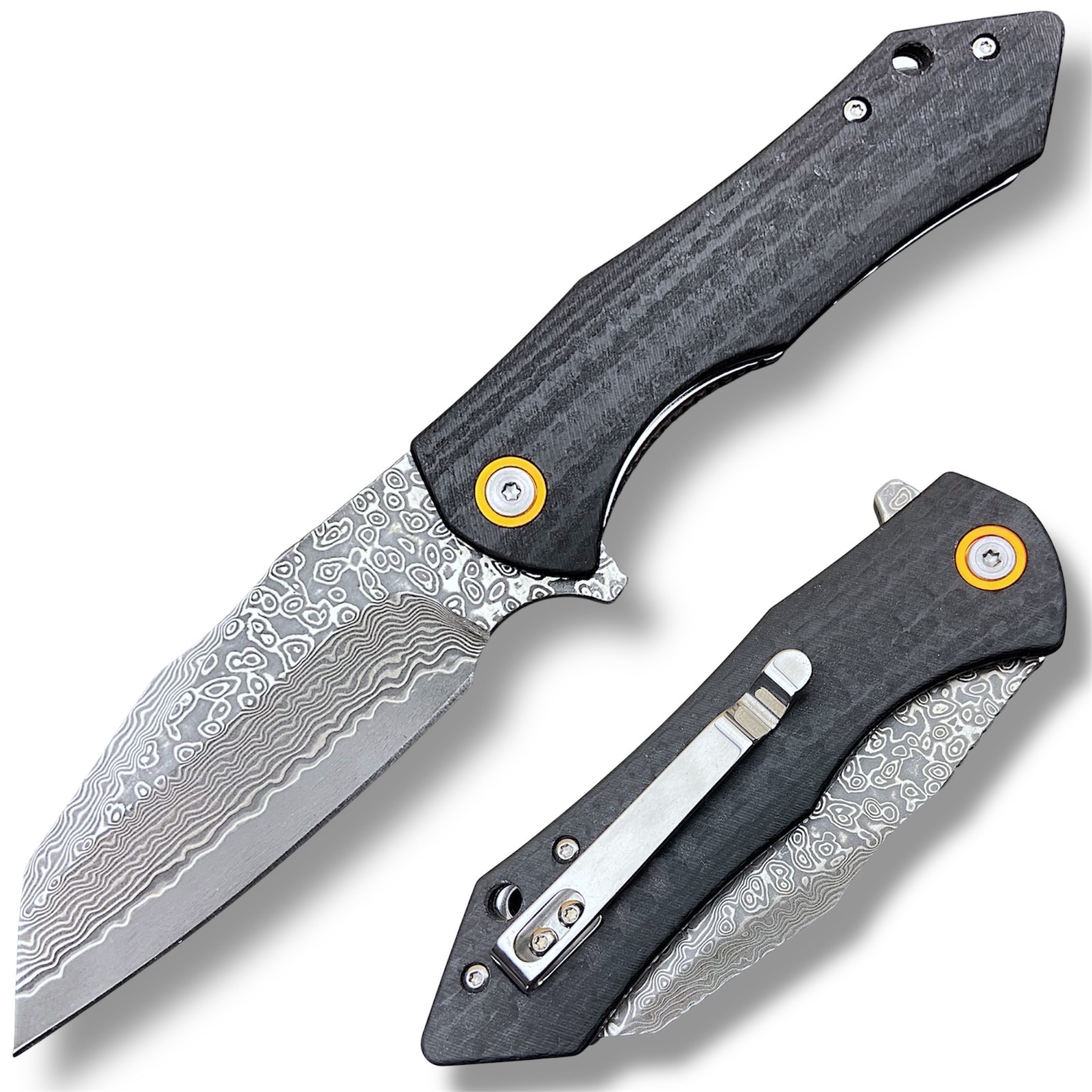 Damascus Steel Pocket Knife! Carbon Fiber Handle! Ball Bearing Pivot System!