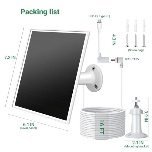Solar Panel for Ring Camera, 6W Solar Charger with USB-C & Barrel White-106-1