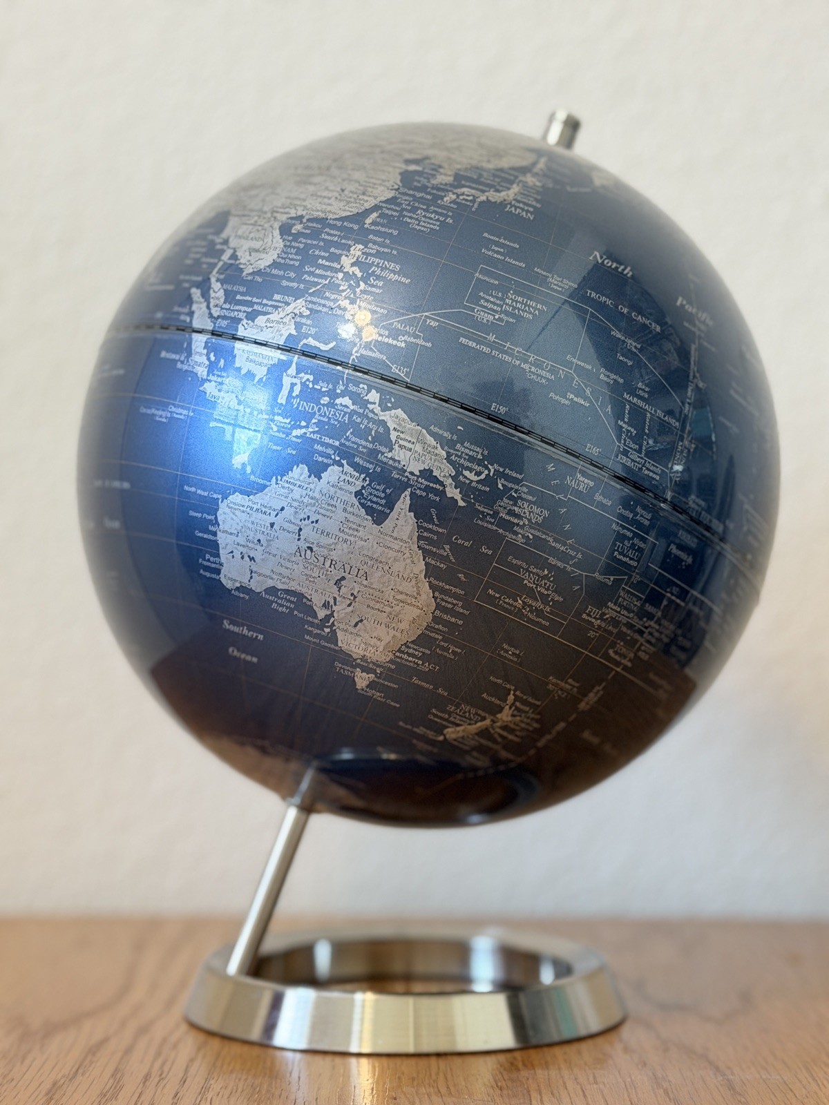 World Map Globe Midnight Blue & Silver 15" W/Inclination Mount/Chrome Metal Base